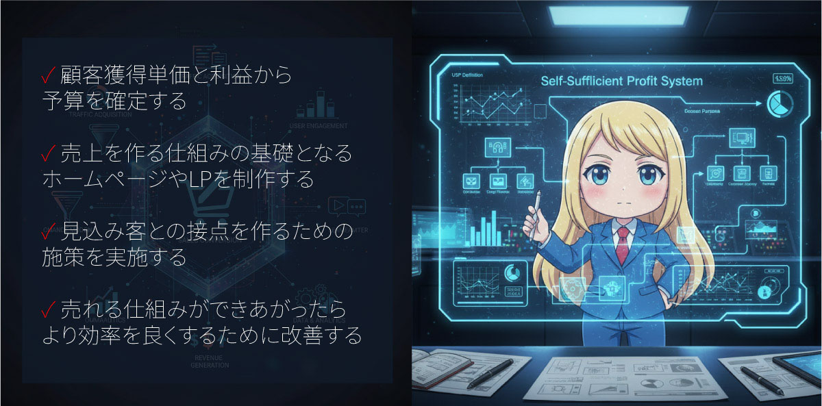 売れる仕組みの構築ステップ(運用の流れ) 顧客獲得単価と利益から予算を確定する 売上を作る仕組みの基礎となるホームページやLPを制作する 見込み客との接点を作るための施策を実施する 売れる仕組みができあがったらより効率を良くするために改善する