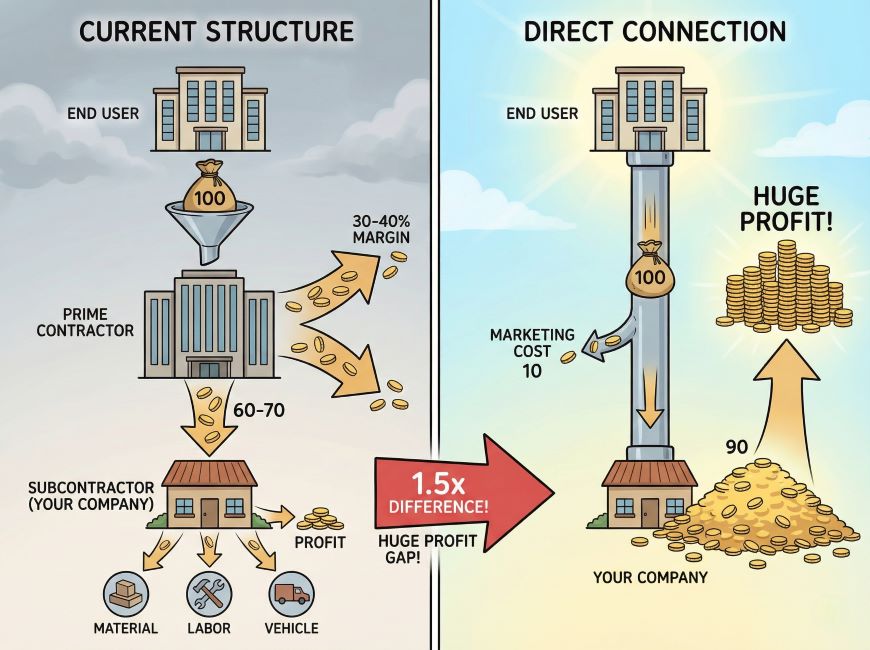 中間マージンがなくなり直接取引になった場合の利益の増加イメージ